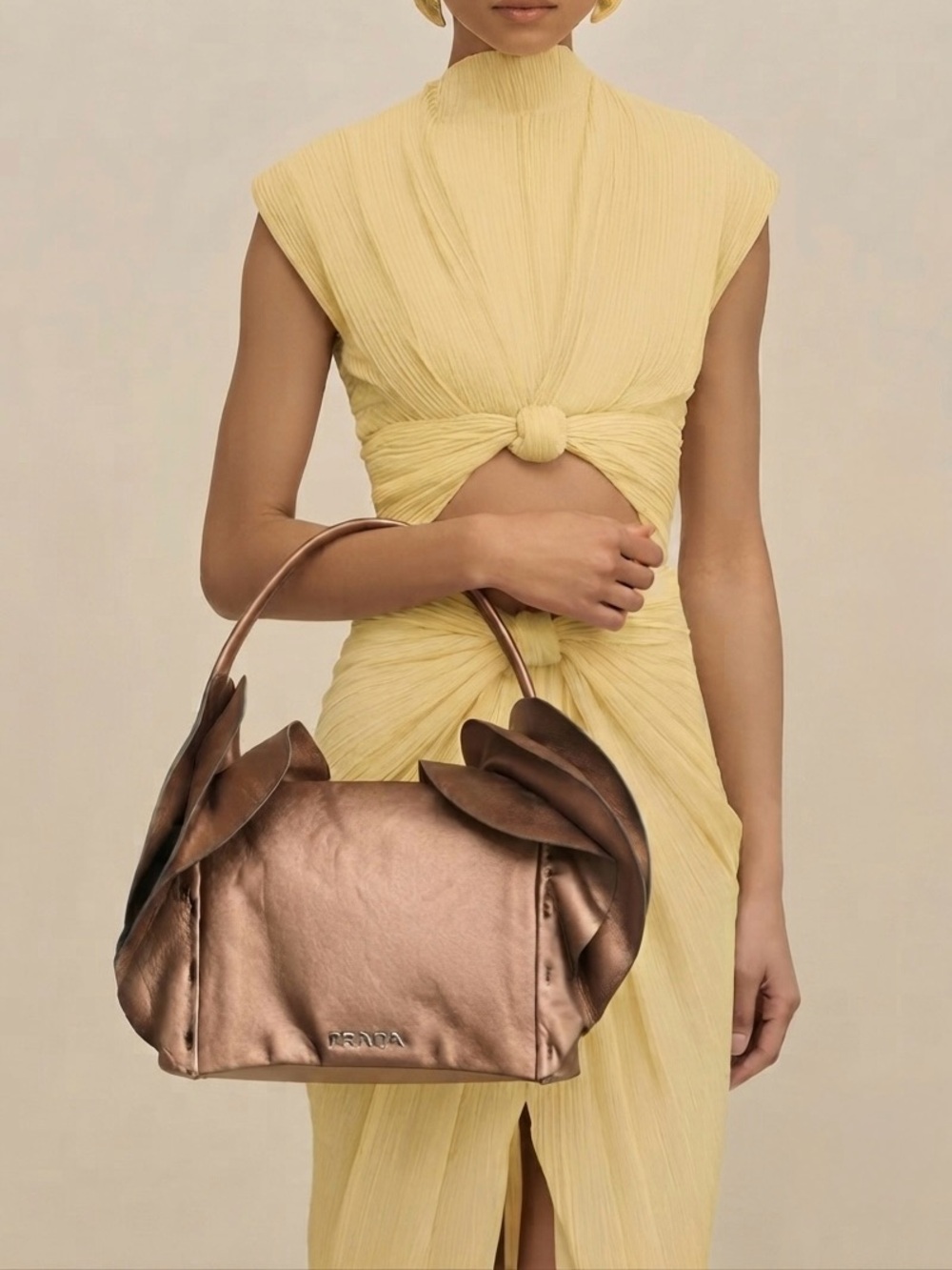 Prada | Metallic Neutral Nappa Ruffle Shoulder Bag – Rare Vintage